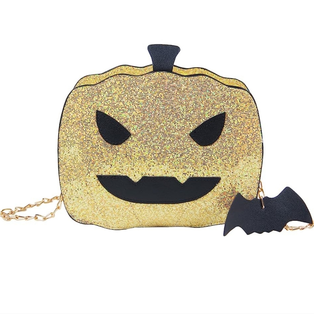 Pumpkin Halloween Gold sparkly purse bag vegan leather bat charm costume